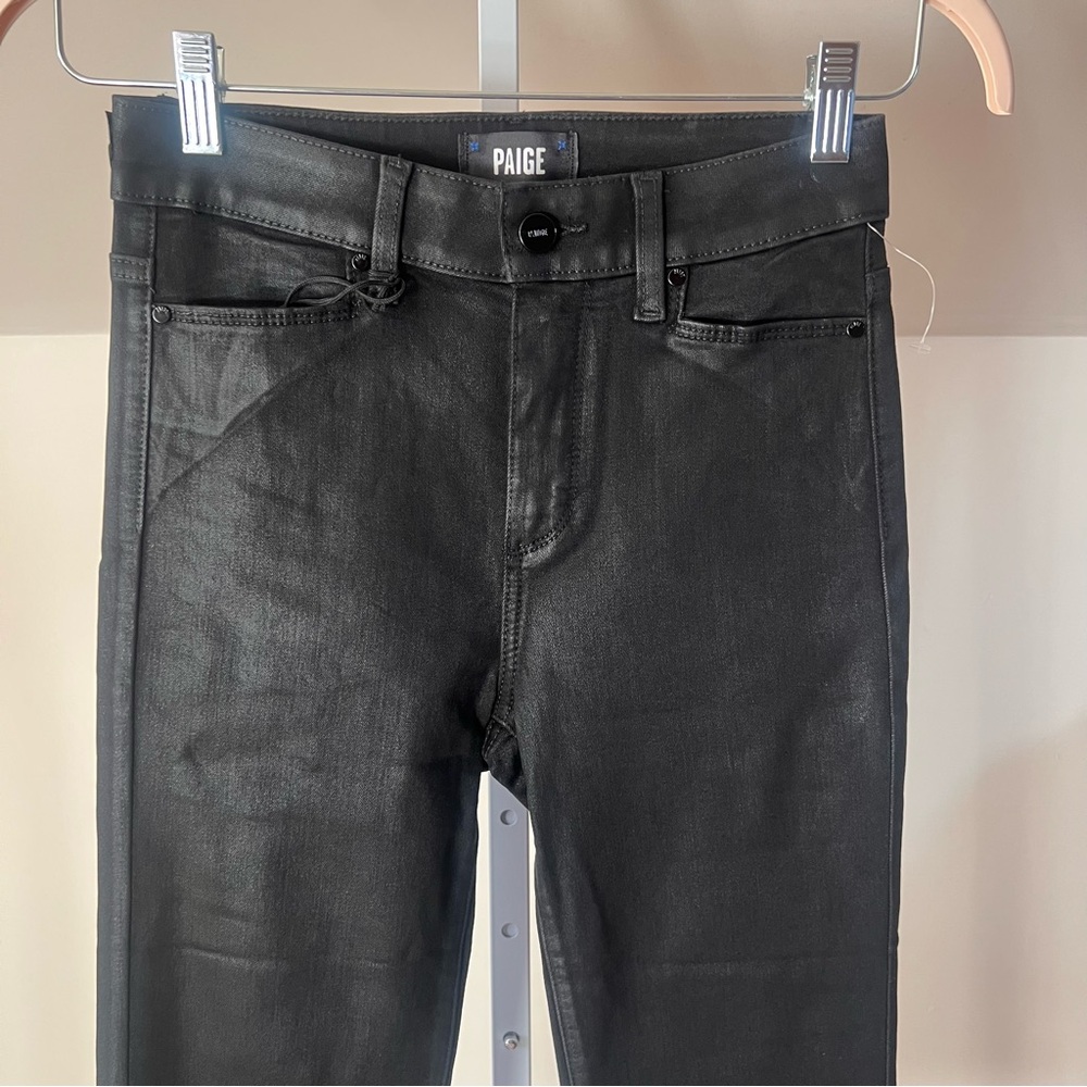 Paige High Rise Manhattan Bootcut Coated Leather Black Jeans S 25 - Picture 6 of 10